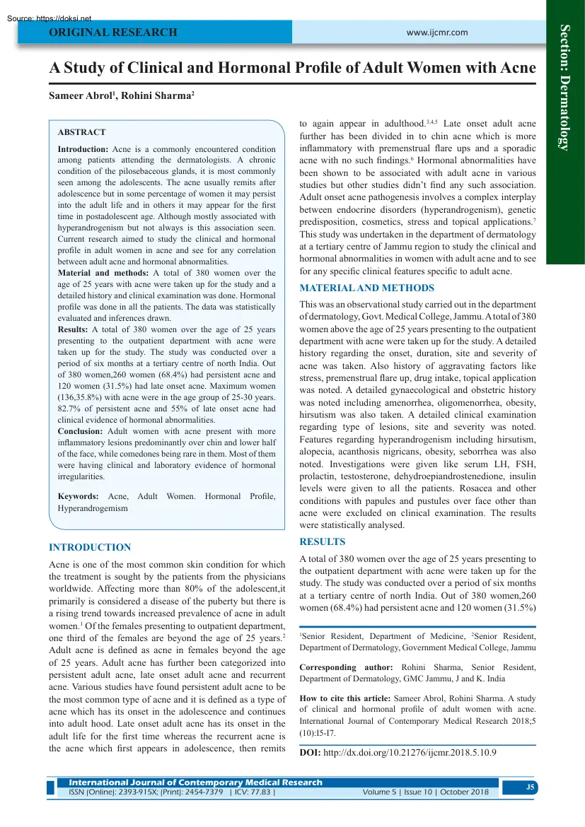 Abrol-Sharma - A Study of Clinical and Hormonal Profile of Adult Women with Acne