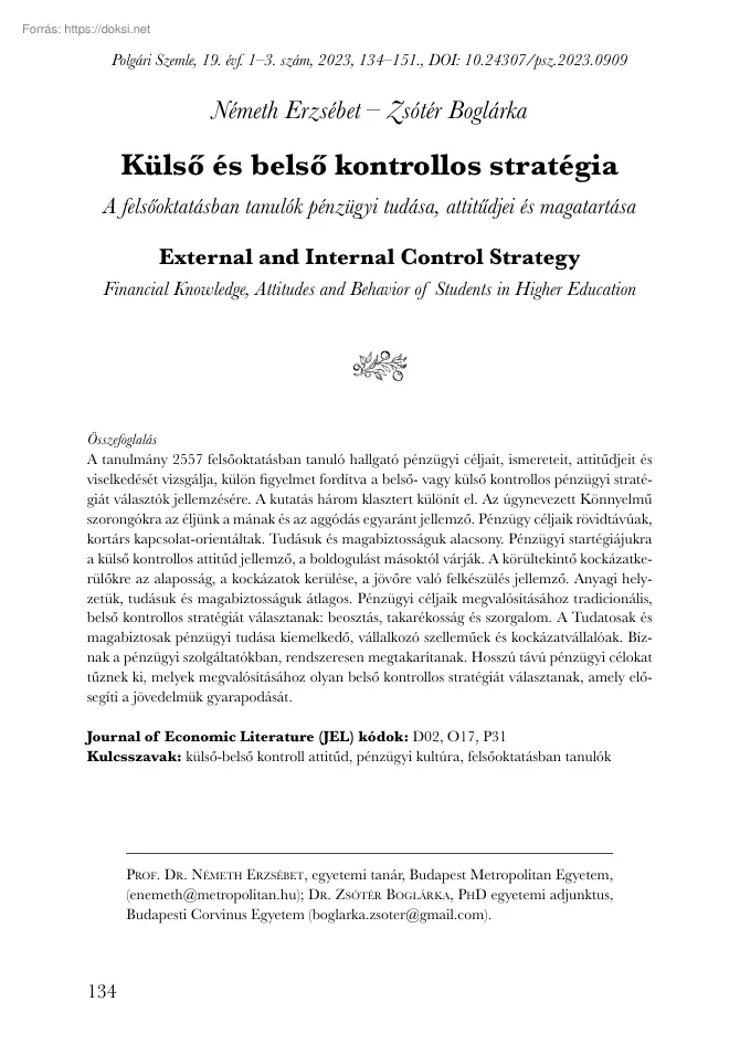 Németh-Zsótér - Külső és belső kontrollos stratégia, A felsőoktatásban tanulók