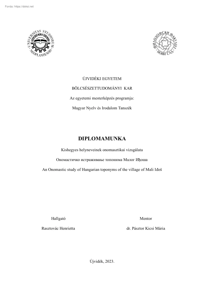 Rasztovác Henrietta - Kishegyes helyneveinek onomasztikai vizsgálata