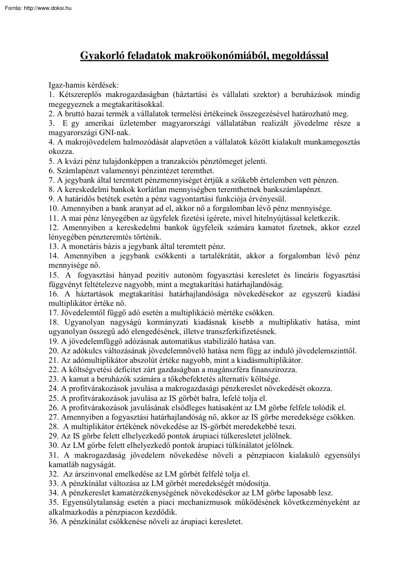 Gyakorló feladatok makroökonómiából, megoldással