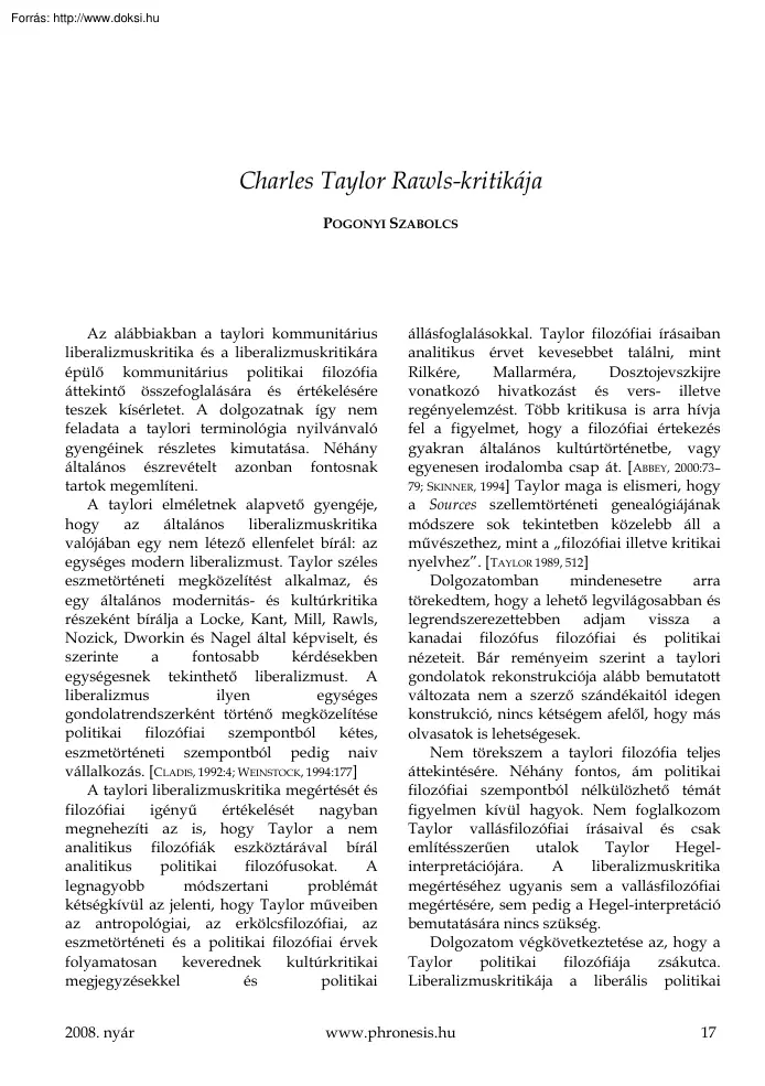 Pogonyi Szabolcs - Charles Taylor Rawls-kritikája