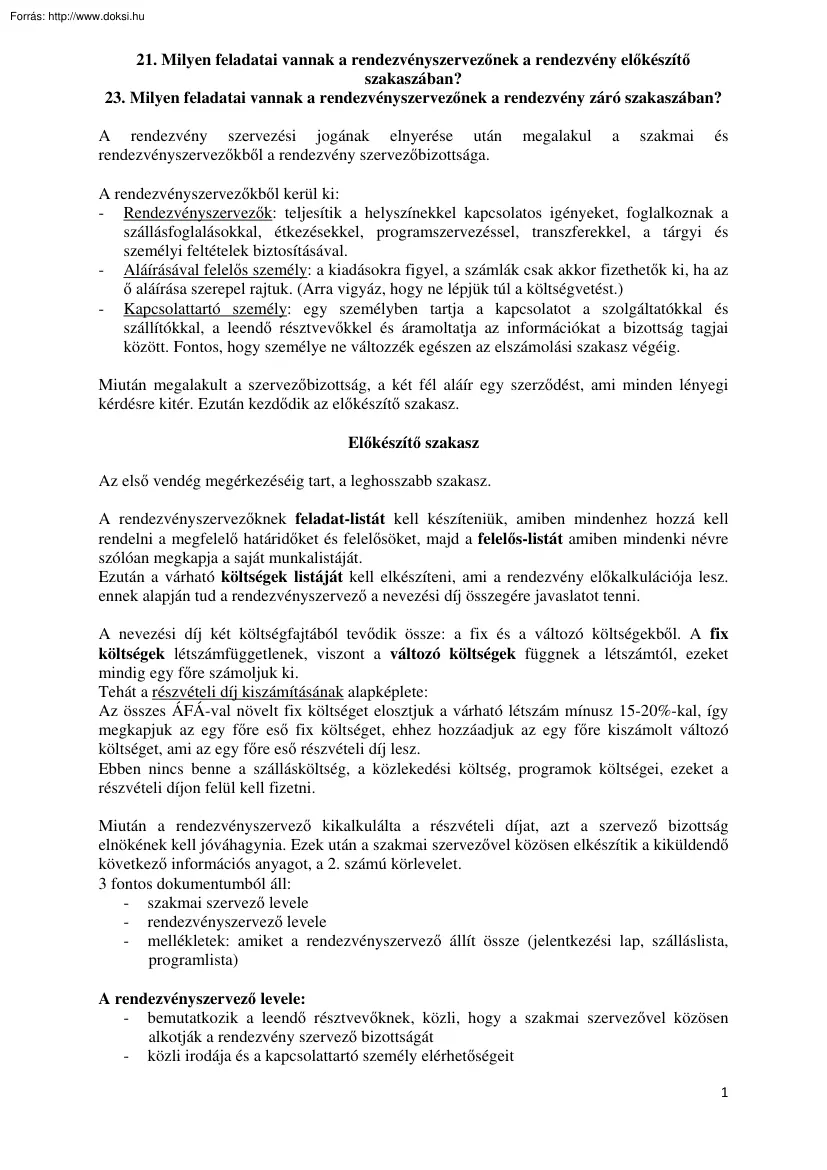 A rendezvényszervező feladatai, forgatókönyve