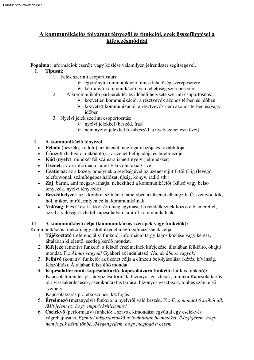 A kommunikációs folyamat tényezői és funkciói
