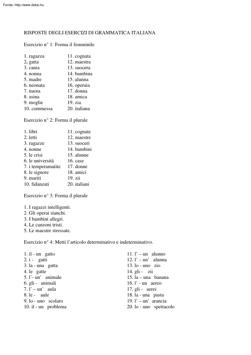 Risposte degli Esercizi di grammatica italiana