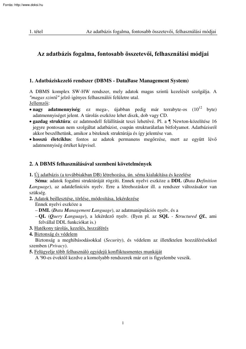 Adatbázisok vizsgatételek