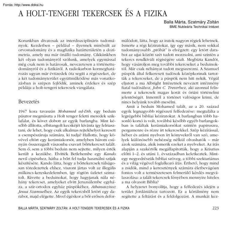 Balla-Szatmáry - A Holt-tengeri tekercsek és a fizika