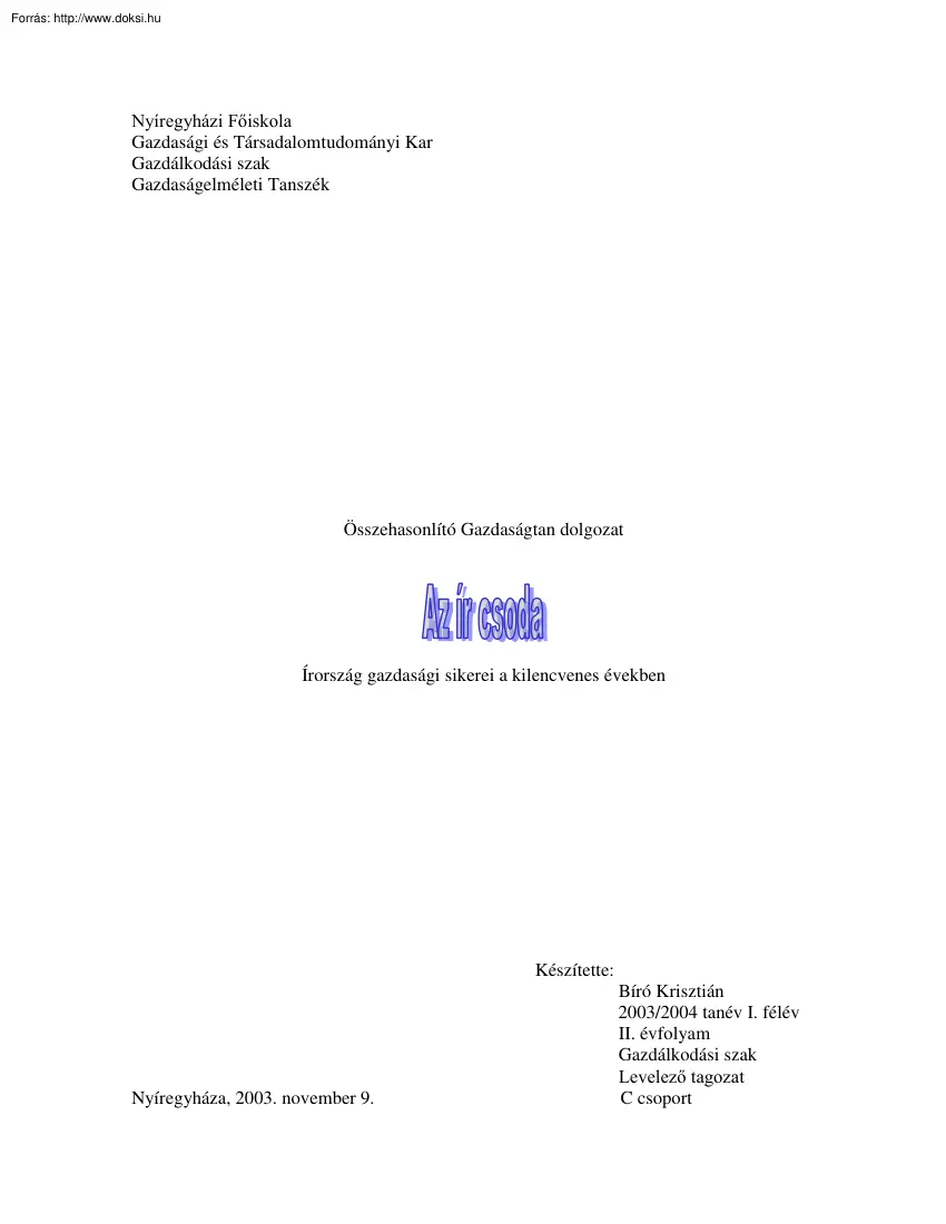Bíró Krisztián - Írország gazdasági sikerei a kilencvenes években