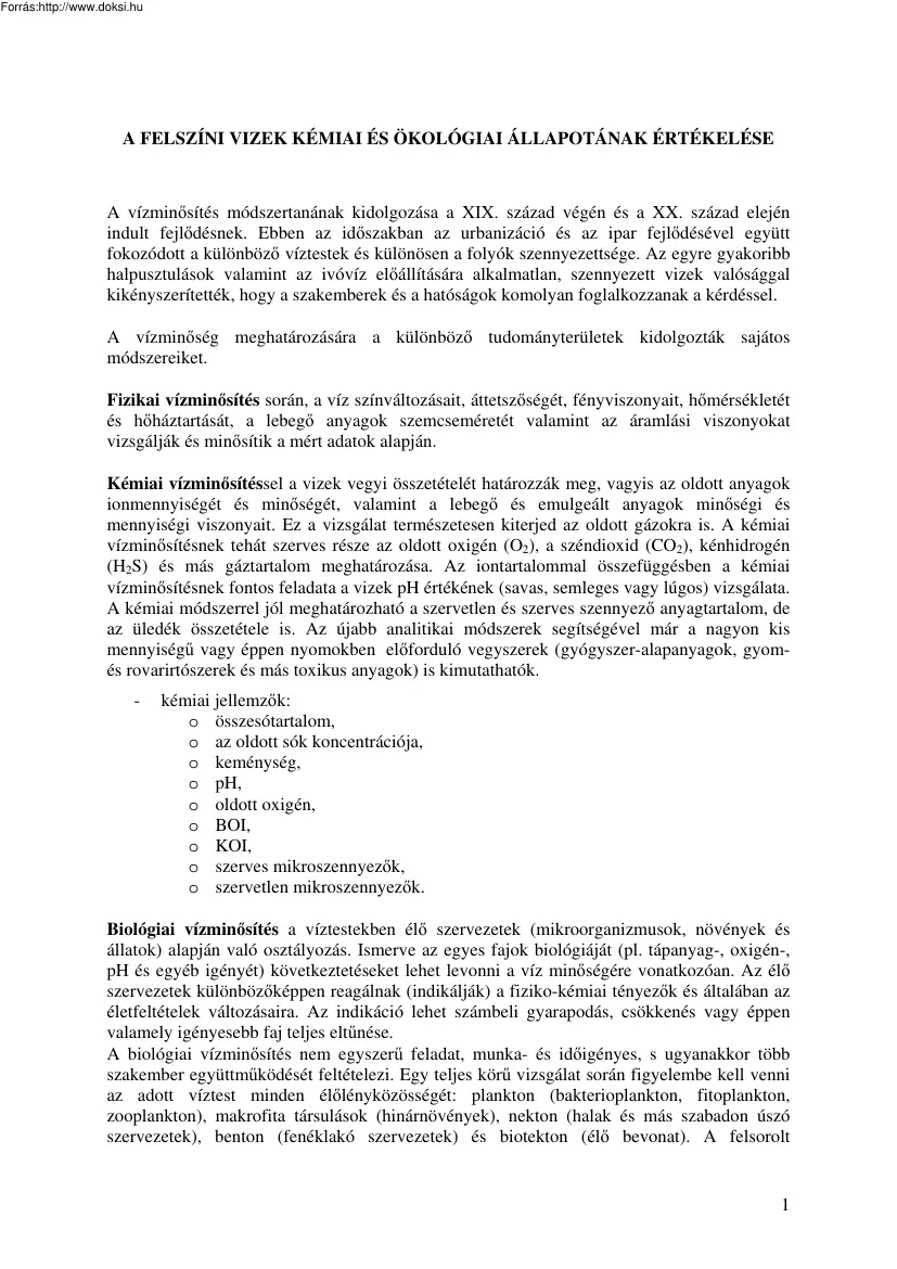 A felszíni vizek kémiai és ökológiai állapotának értékelése