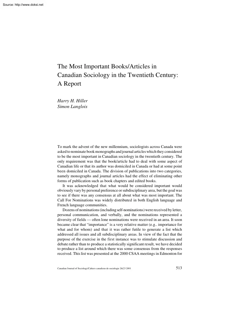 Hiller-Langlois - The Most Important Books and Articles in Canadian Sociology in the Twentieth