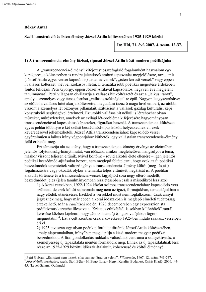 Bókay Antal - Szelf-konstrukció és Isten-élmény József Attila költészetében 1925-1929
