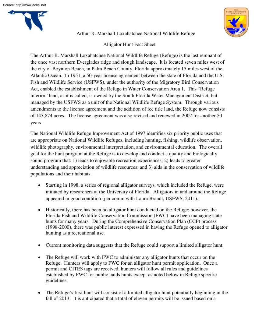 Alligator Hunt Fact Sheet, Arthur R. Marshall Loxahatchee National Wildlife Refuge