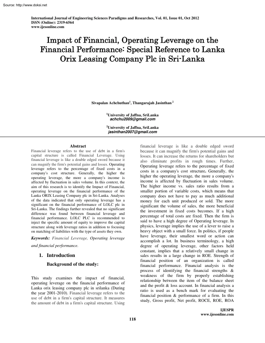 Achchuthan-Jasinthan - Impact of Financial, Operating Leverage on the Financial Performance