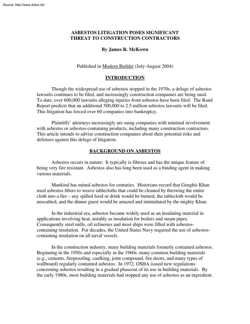 James R. McKown - Asbestos Litigation Poses Significant Threat to Construction Contractors