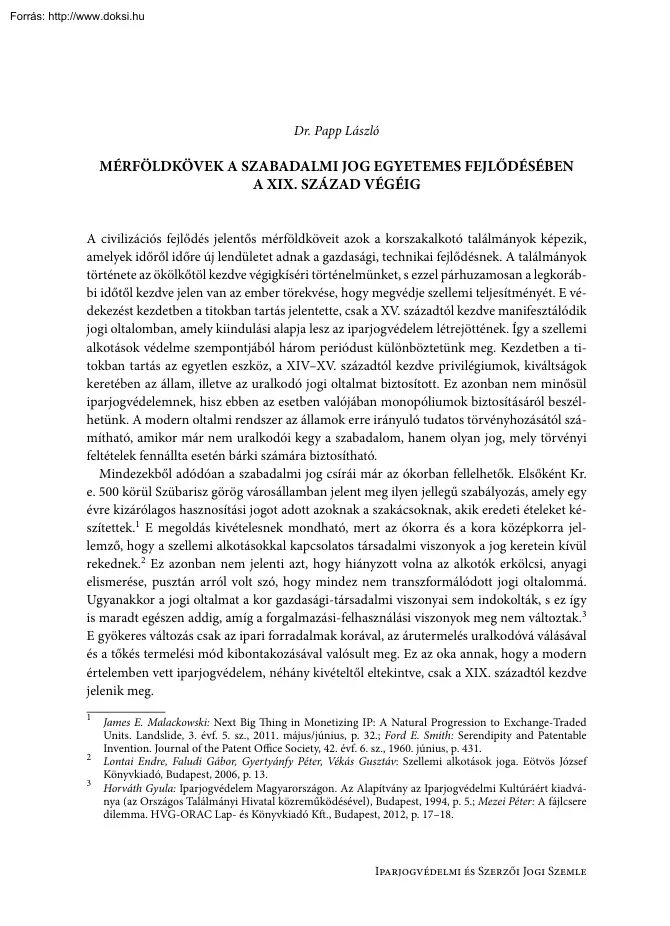 Dr. Papp László - Mérföldkövek a szabadalmi jog egyetemes fejlődésében a XIX. század