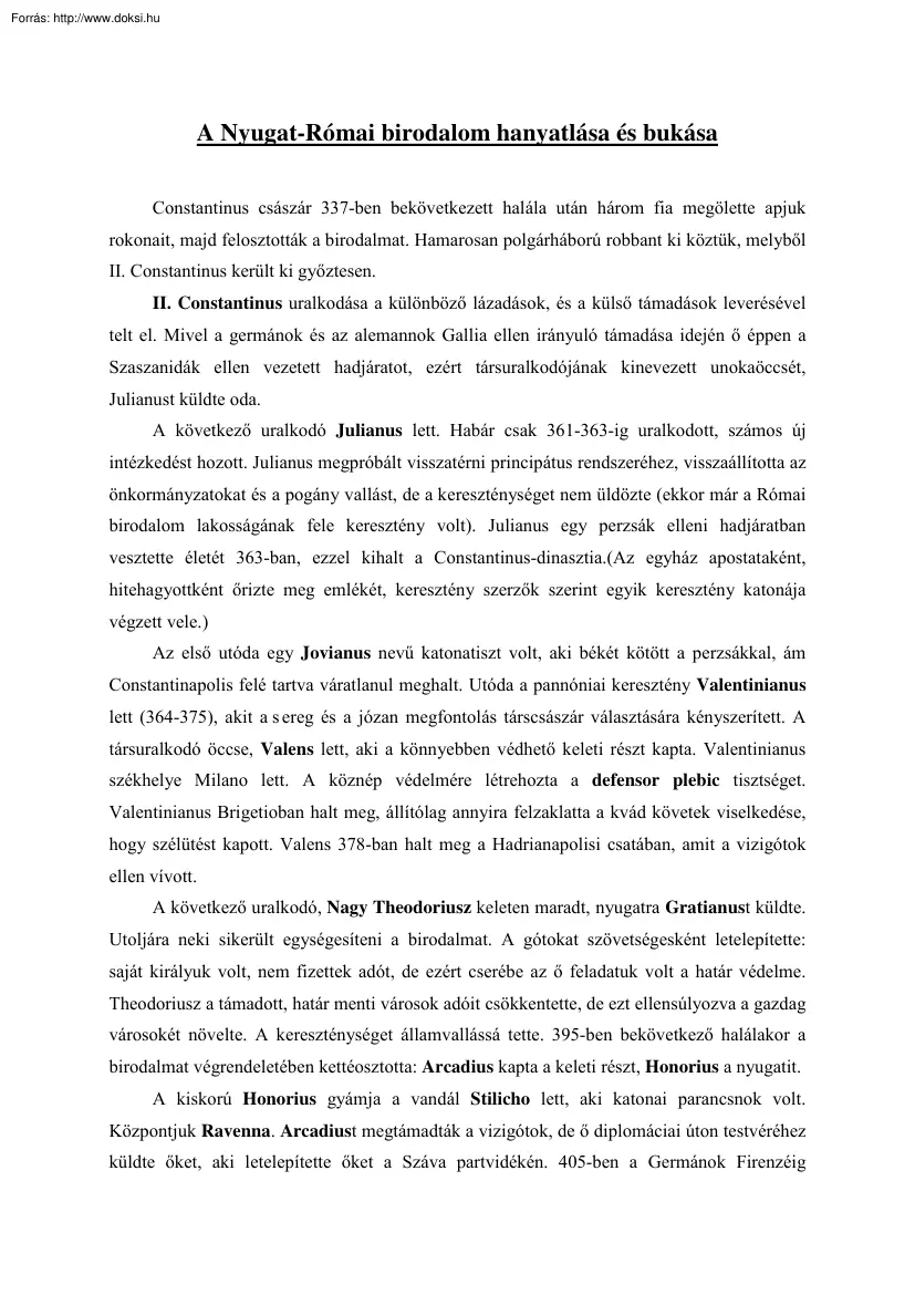 A Nyugat-Római birodalom hanyatlása és bukása
