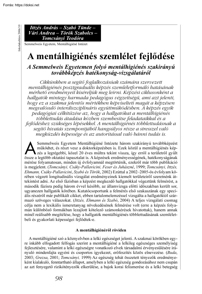 A mentálhigiénés szemlélet fejlõdése