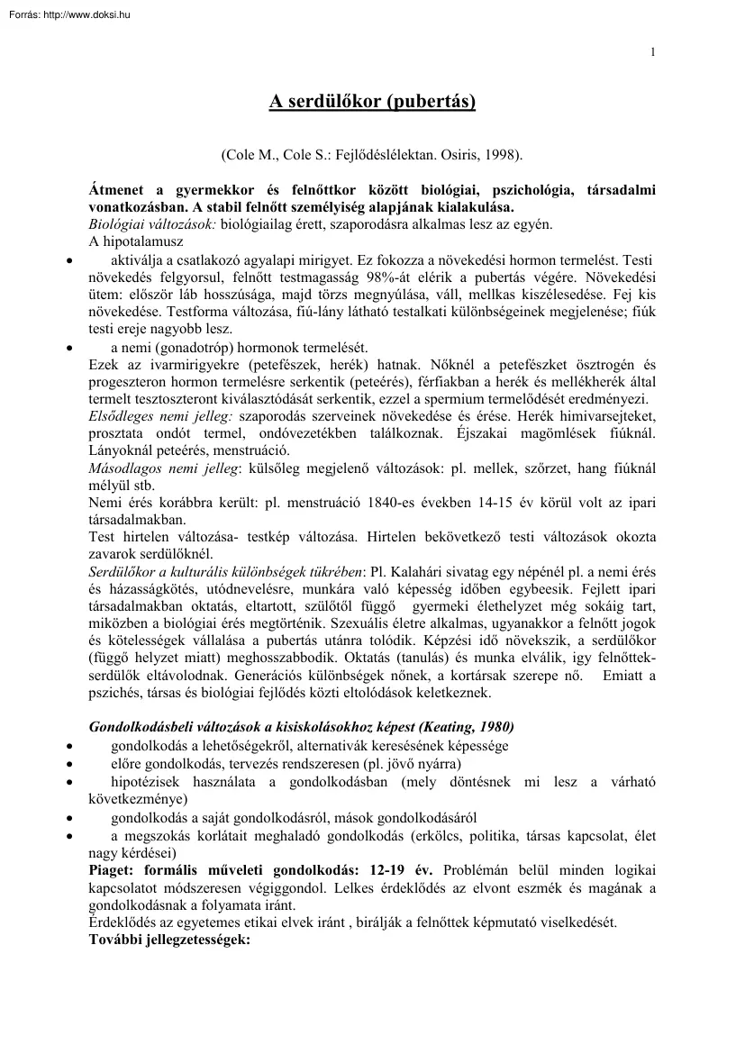 A serdülőkor (pubertás)