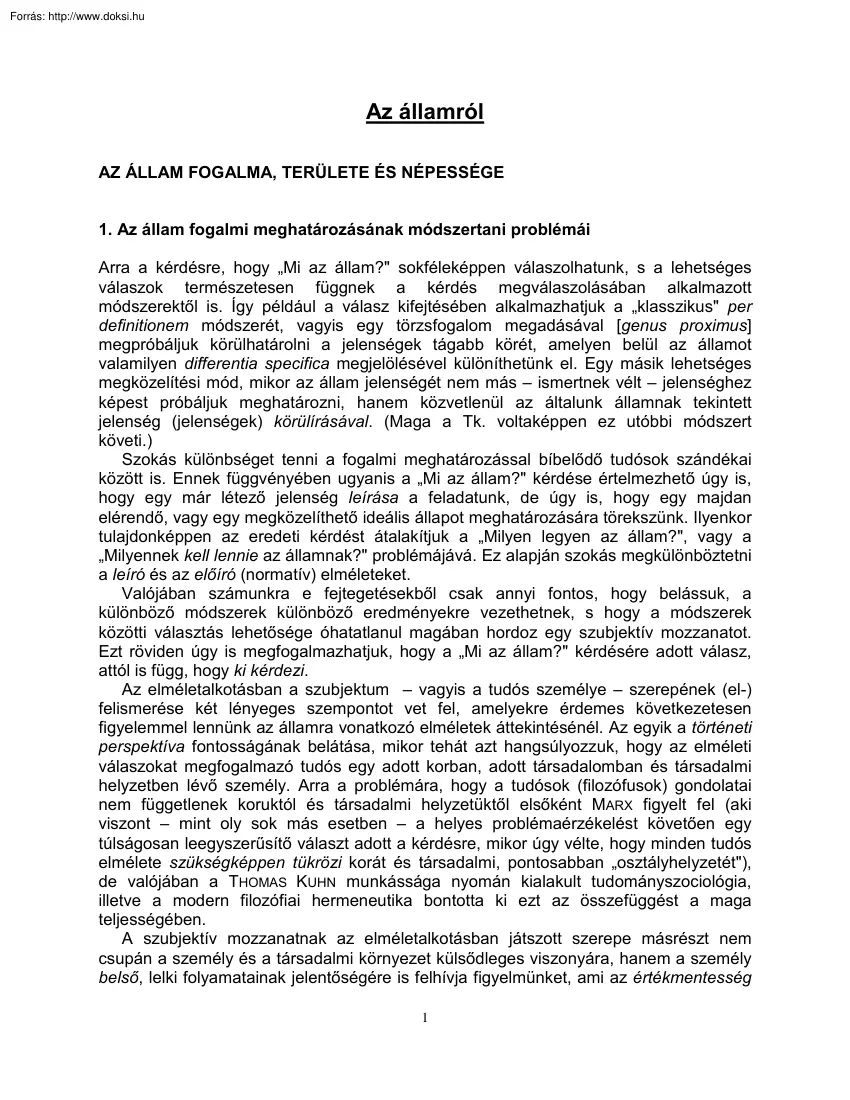 Az állam fogalma, területe és népessége