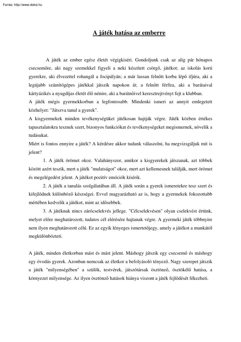 A játék hatása az emberre