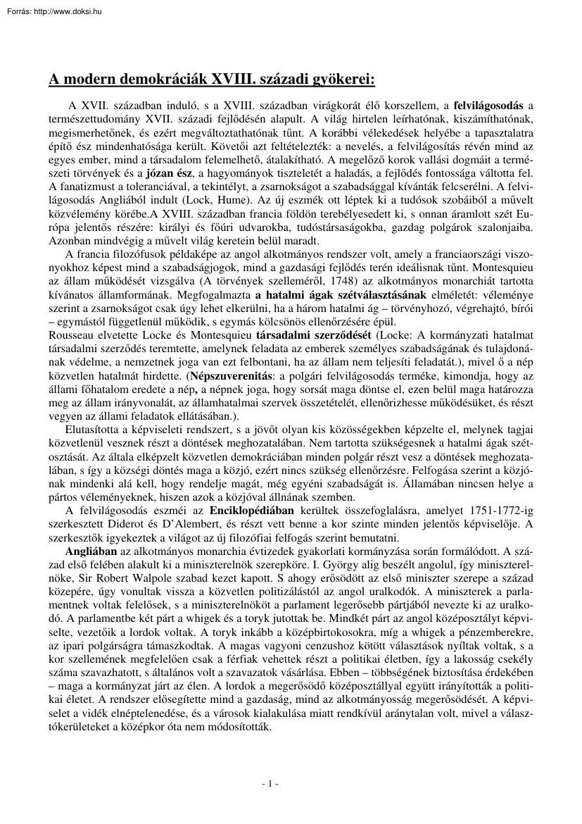 A modern demokráciák XVIII. századi gyökerei