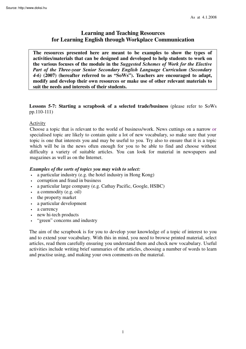 Learning and teaching resources for learning English through workplace communication