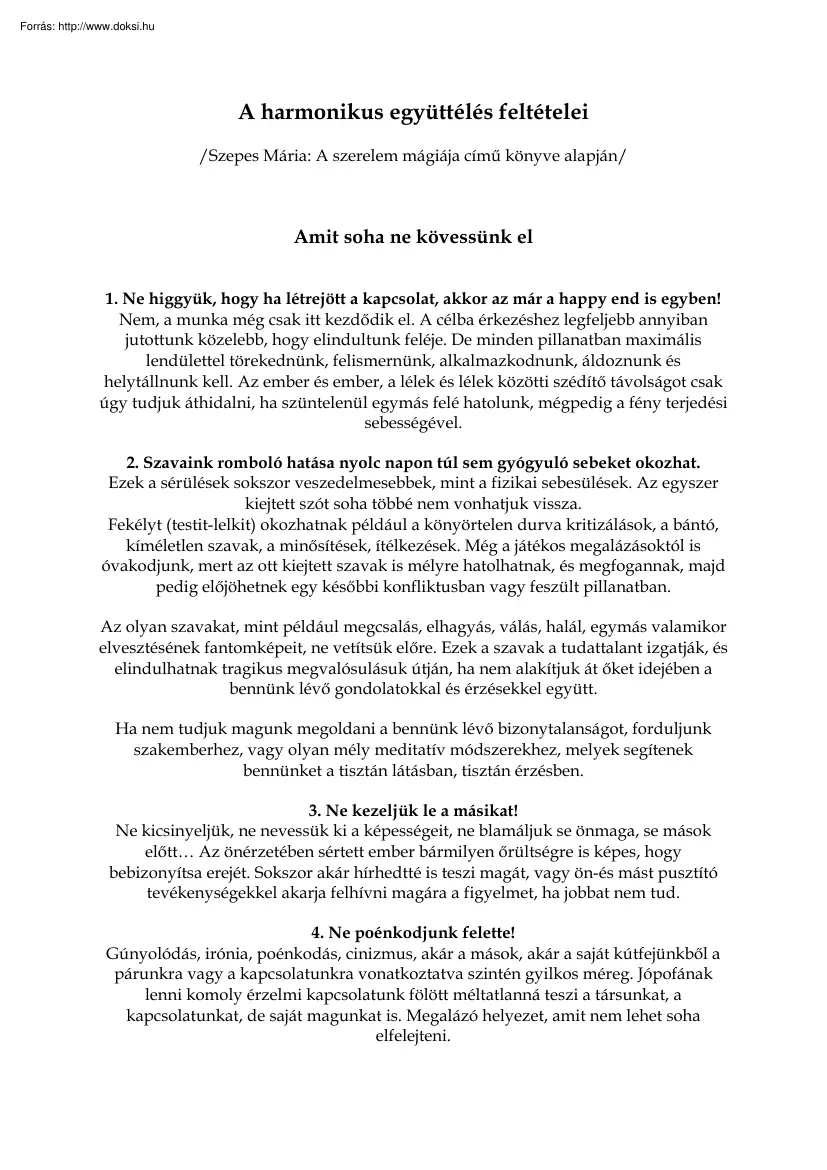 A harmonikus együttélés feltételei Szepes Mária, A szerelem mágiája című könyve alapján