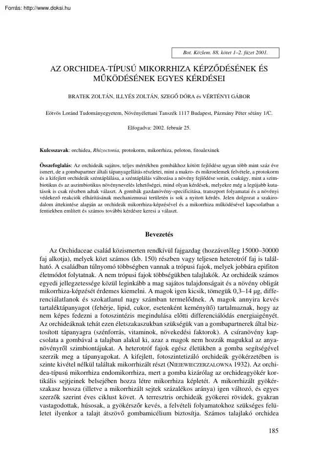 Bratek-Illyés-Szegő-Vértényi - Az orchidea típusú mikorrhiza képződésének és működésének egyes kérdései