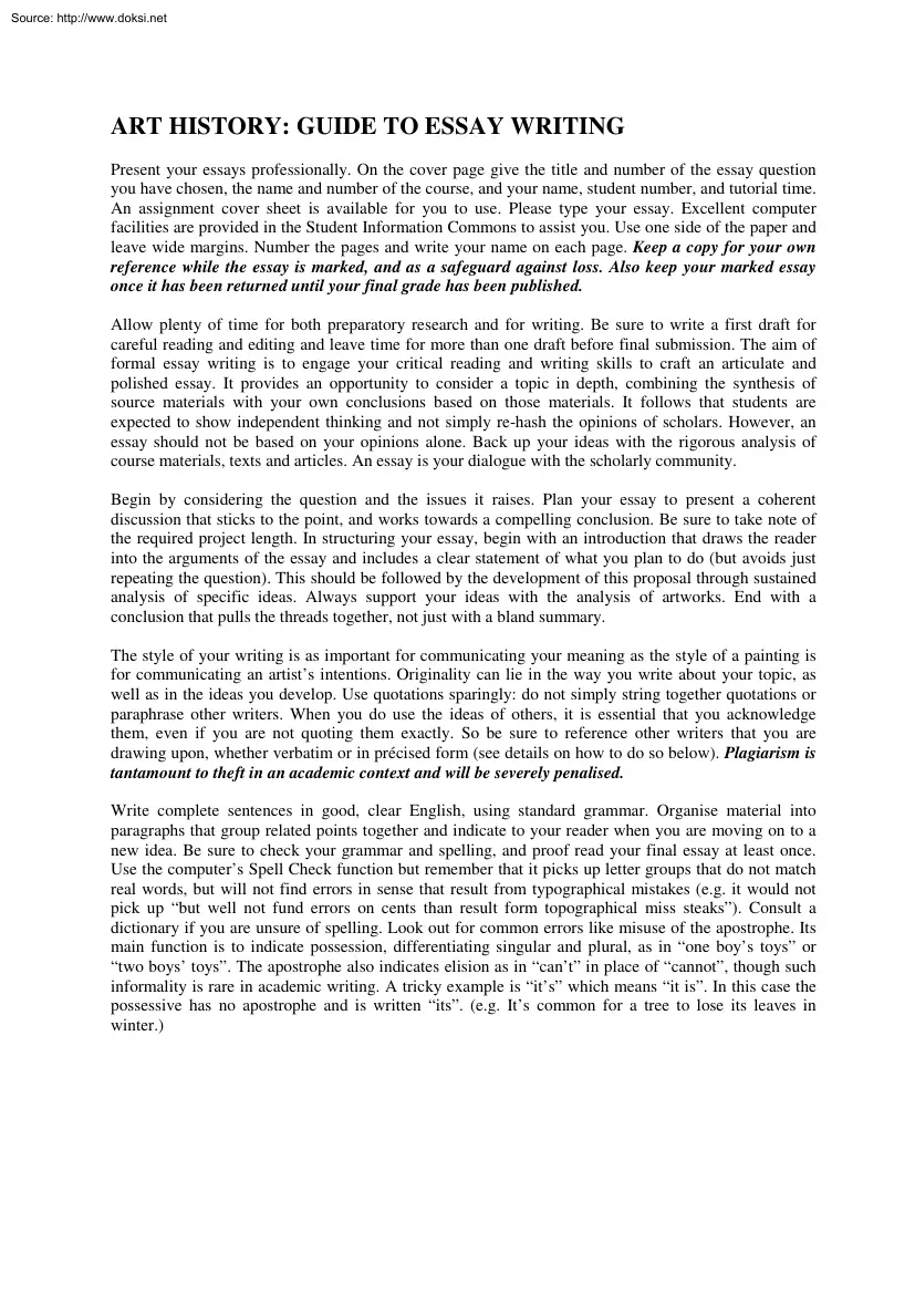 Art History, Guide to Essay Writing
