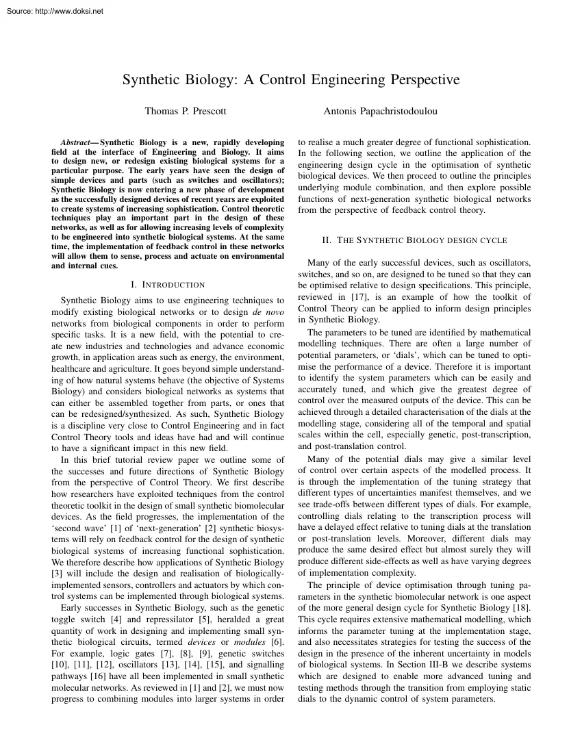 Prescott-Papachristodoulou - Synthetic Biology, A Control Engineering Perspective