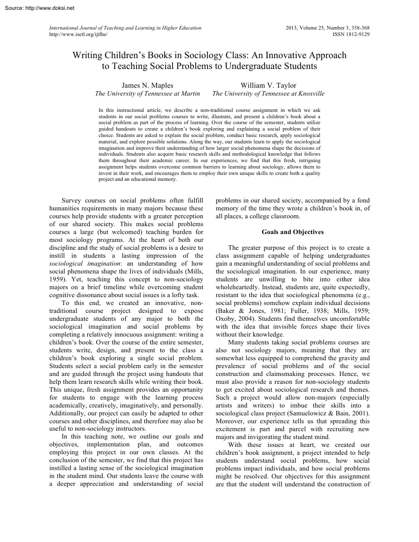 Maples-Taylor - Writing Childrens Books in Sociology Class, An Innovative Approach to Teaching