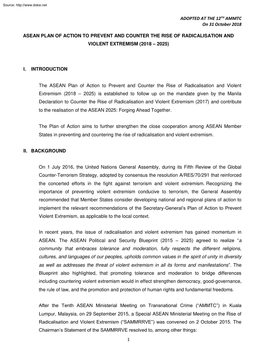 Asean Plan of Action to Prevent and Counter the Rise of Radicalisation and Violent Extremism