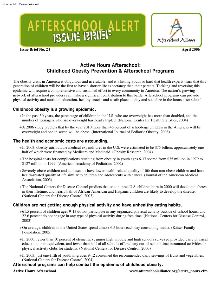 Active Hours Afterschool, Childhood Obesity Prevention and Afterschool Programs
