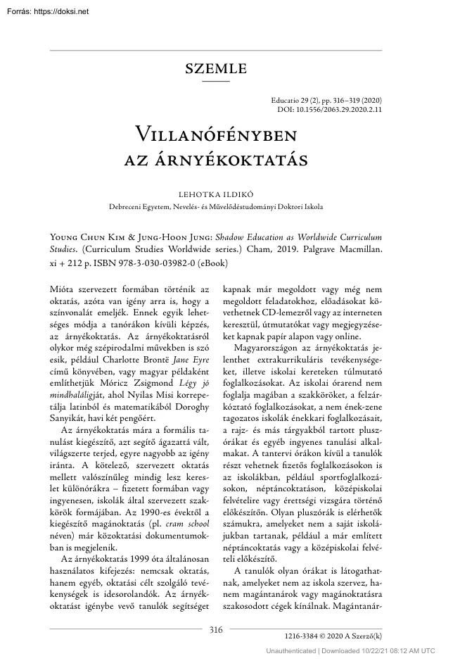 Lehotka Ildikó - Villanófényben az árnyékoktatás