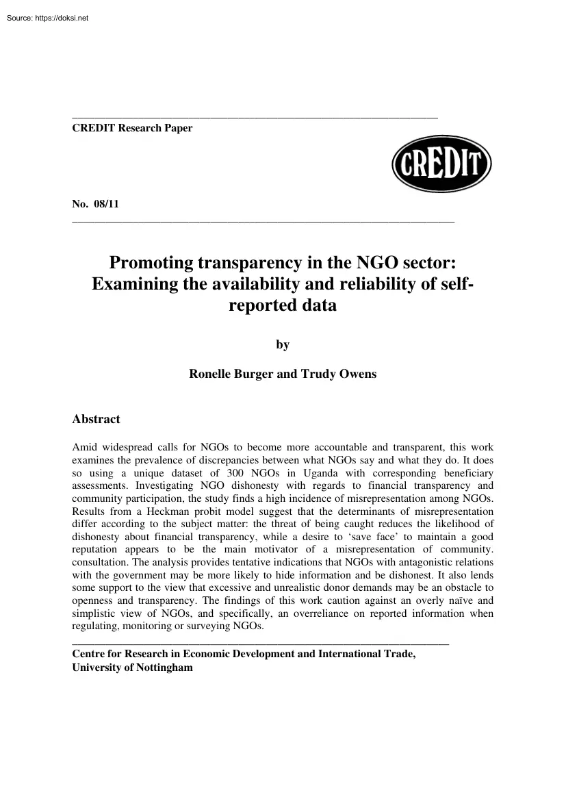 Burger-Owens - Promoting transparency in the NGO sector, Examining the availability and reliability