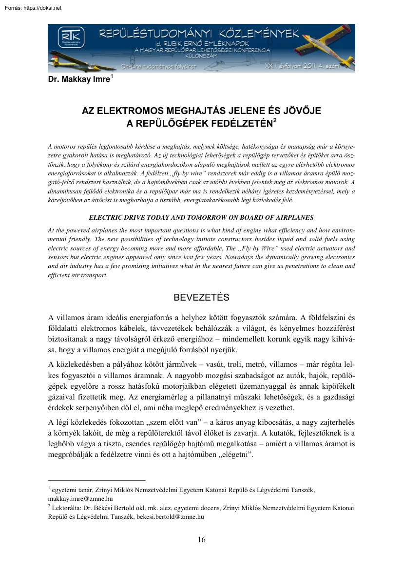 Dr. Makkay Imre - Az elektromos meghajtás jelene és jövője a repülőgépek fedélzetén