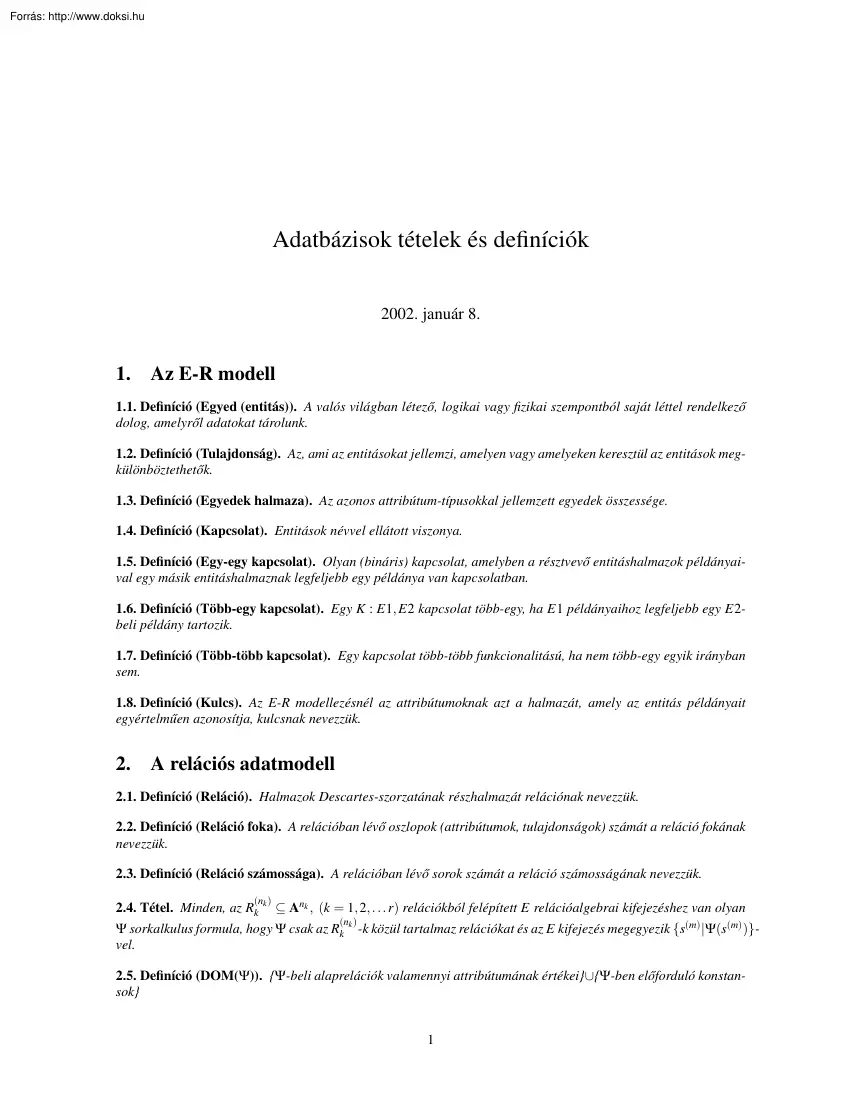Adatbázisok tételek és definíciók