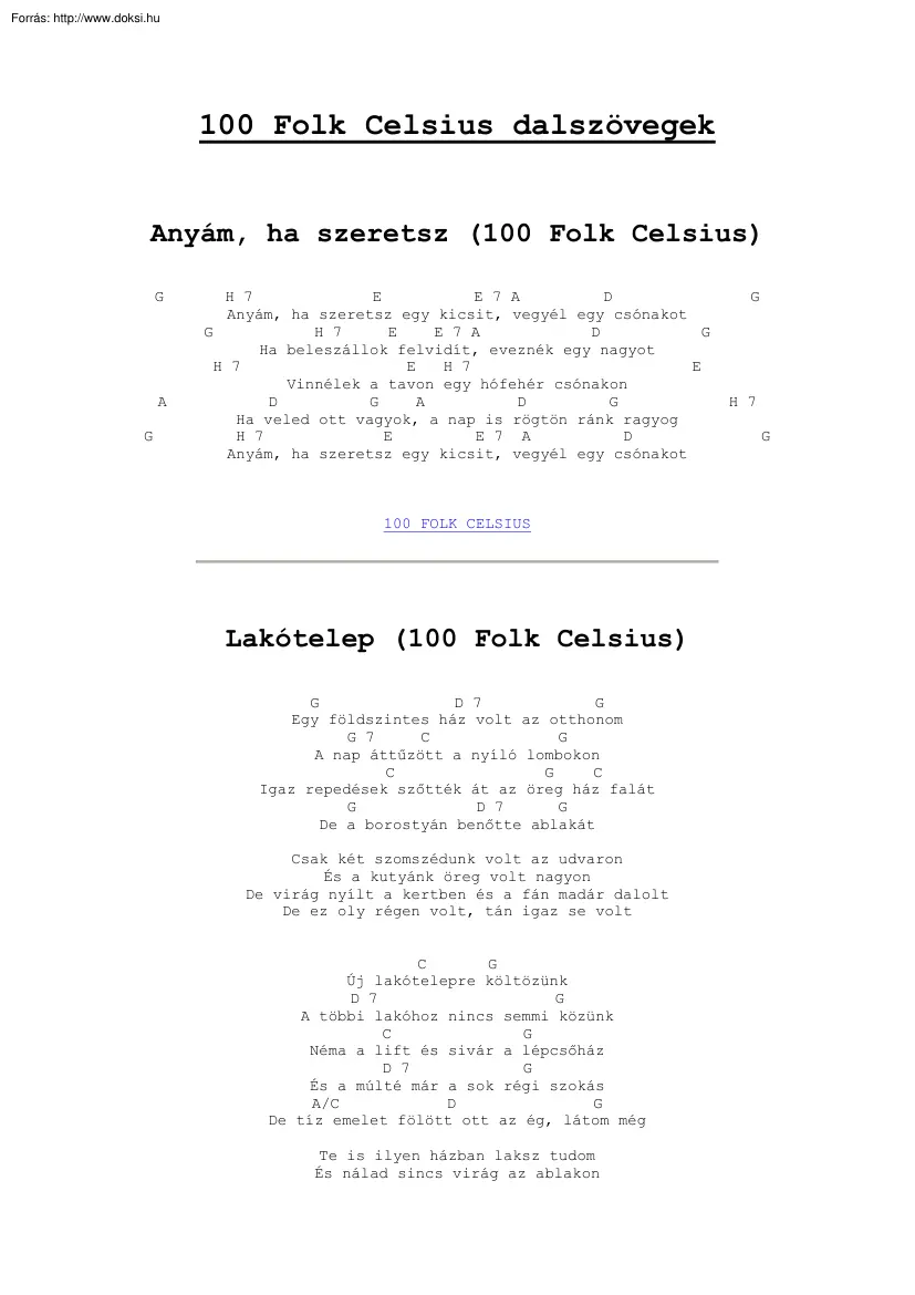 100 Folk Celsius dalszövegek