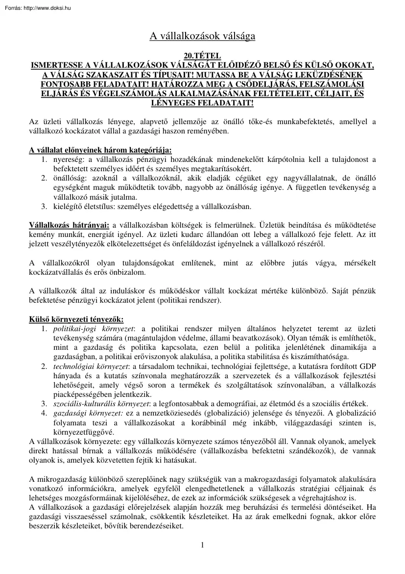 A vállalkozások válsága