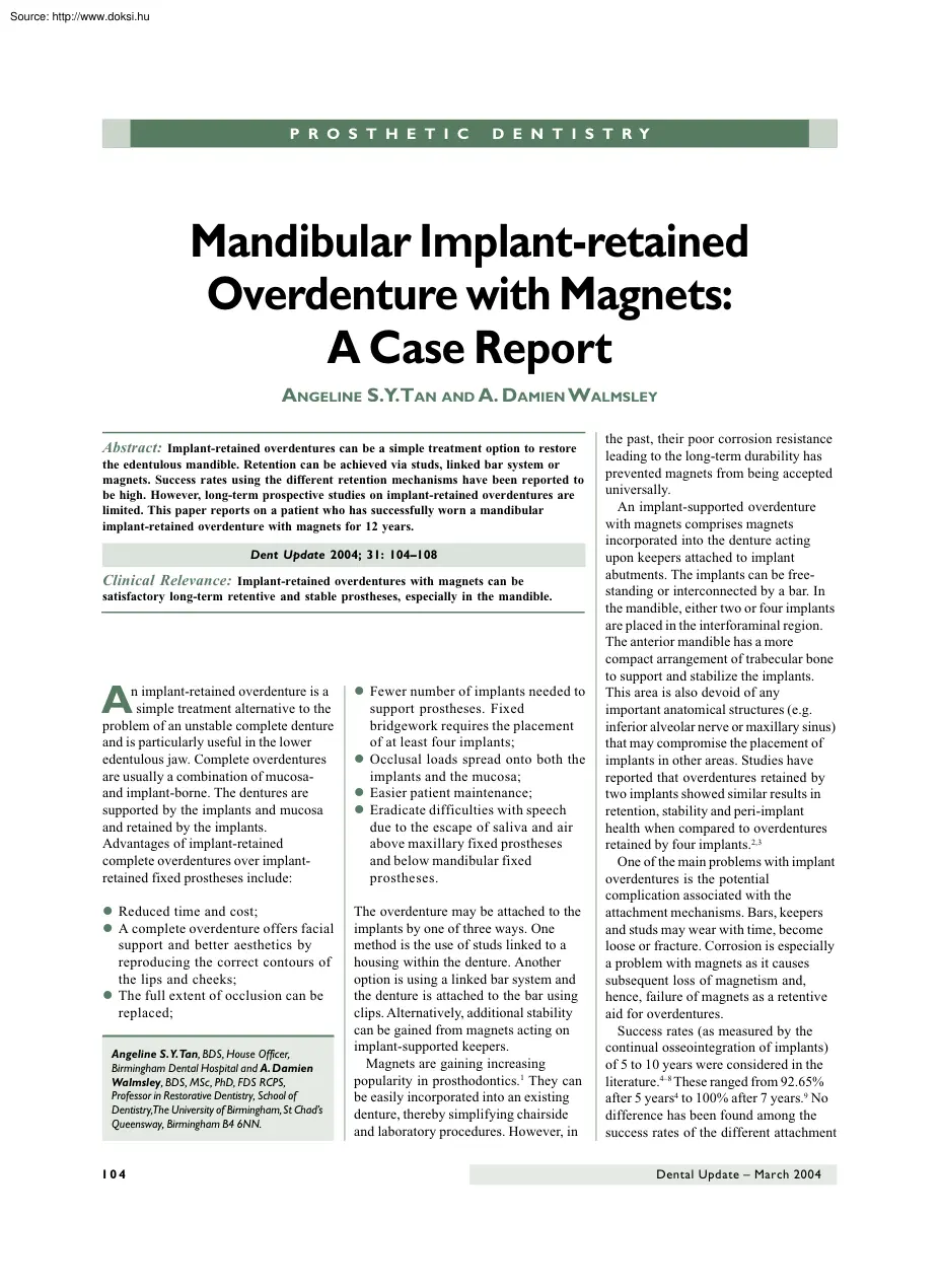 Angeline-Damien - Mandibular implant retained overdenture with magnets, A case report