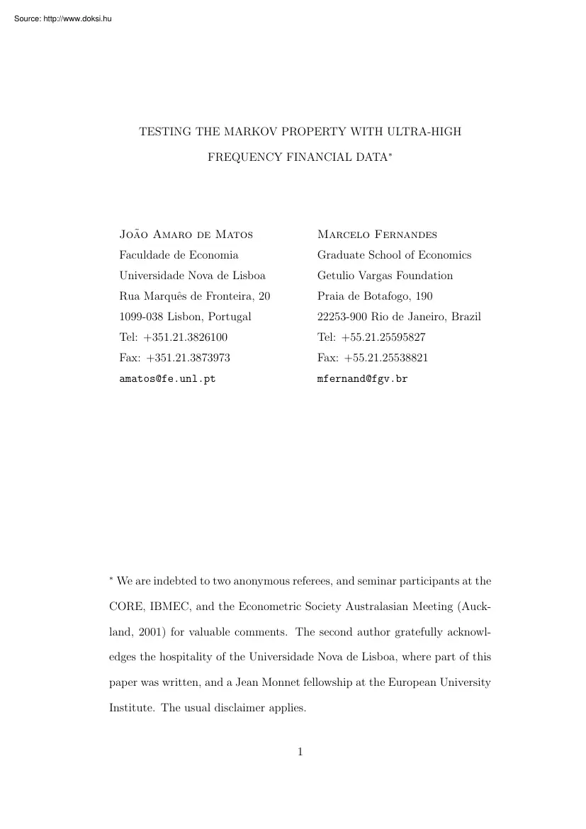 Matos-Fernandes - Testing the Markov Property with ultra high frequency financial data