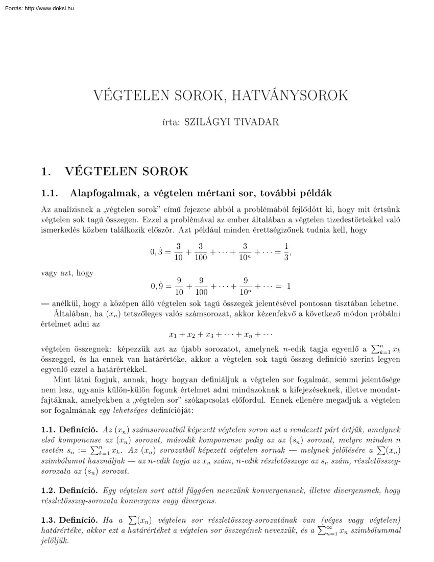 Szilágyi Tivadar - Végtelen sorok, hatványsorok