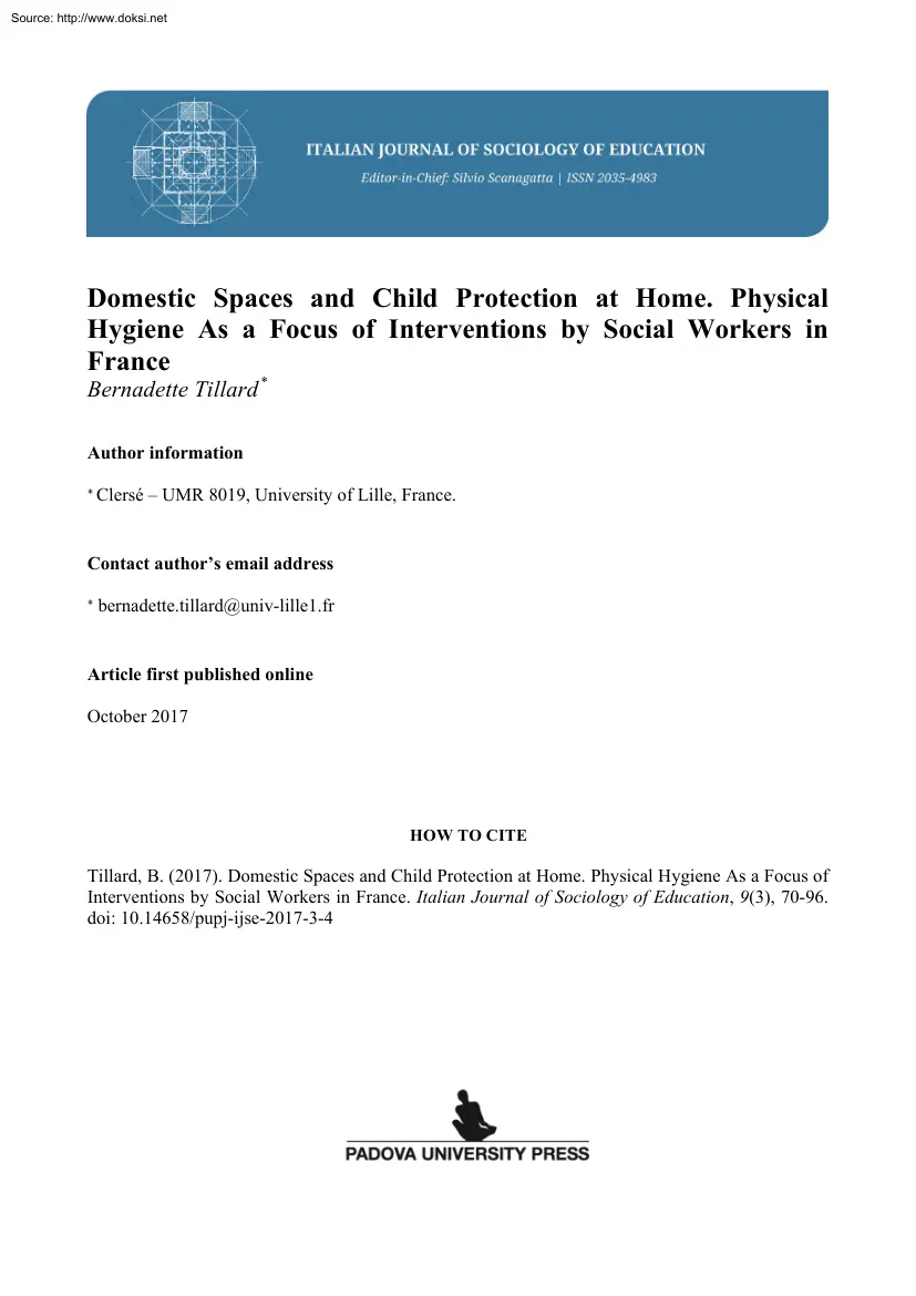 Bernadette Tillard - Domestic Spaces and Child Protection at Home, Physical Hygiene As a Focus of