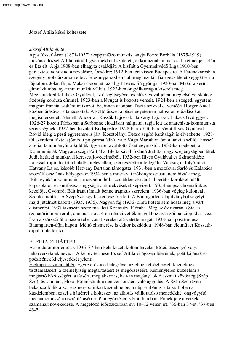 József Attila kései költészete