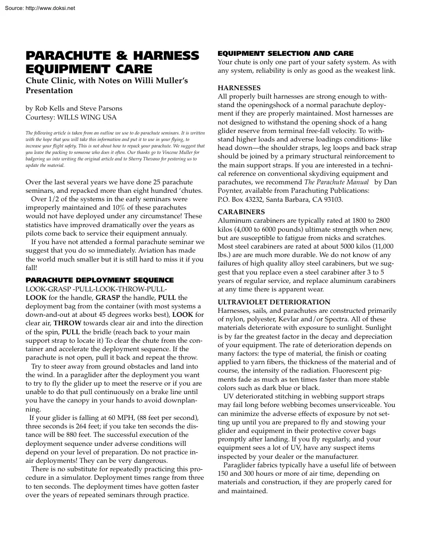 Kells-Parsons - Parachute and Harness Equipment Care