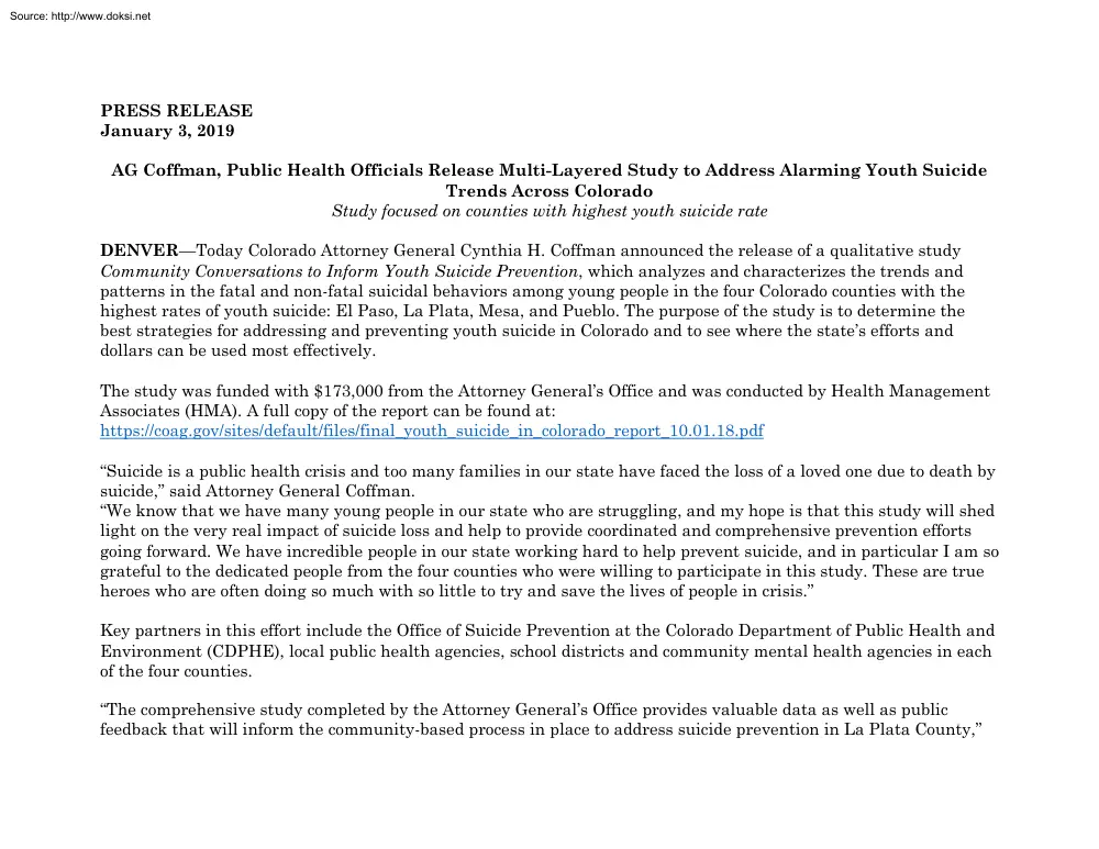 AG Coffman, Public Health Officials Release Multi Layered Study to Address Alarming Youth Suicide