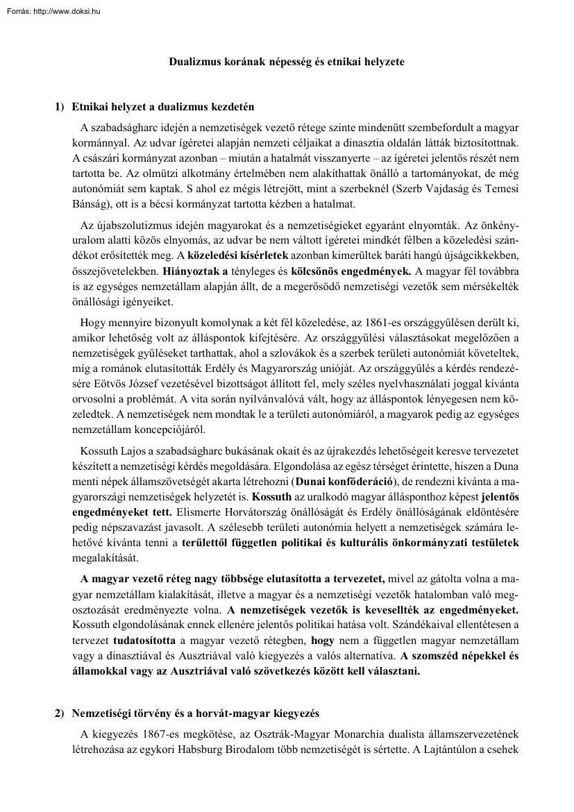 A dualizmus korának népessége és etnikai helyzete