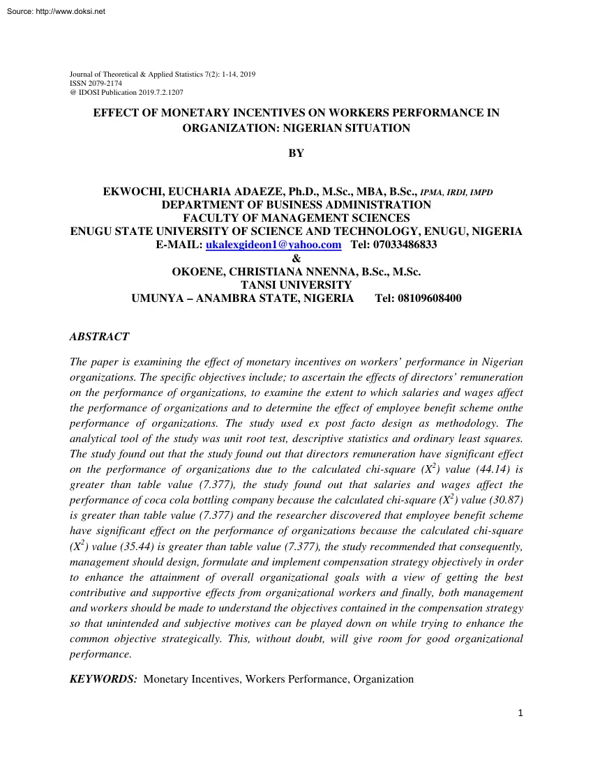 Adaeze-Nnenna - Effect of Monetary Incentives on Workers Performance in Organization, Nigerian