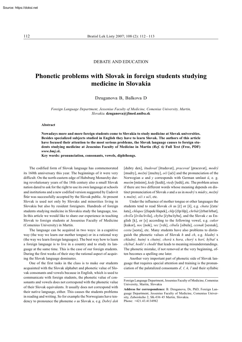 Dzuganova-Balkova - Phonetic problems with Slovak in foreign students studying medicine in Slovakia