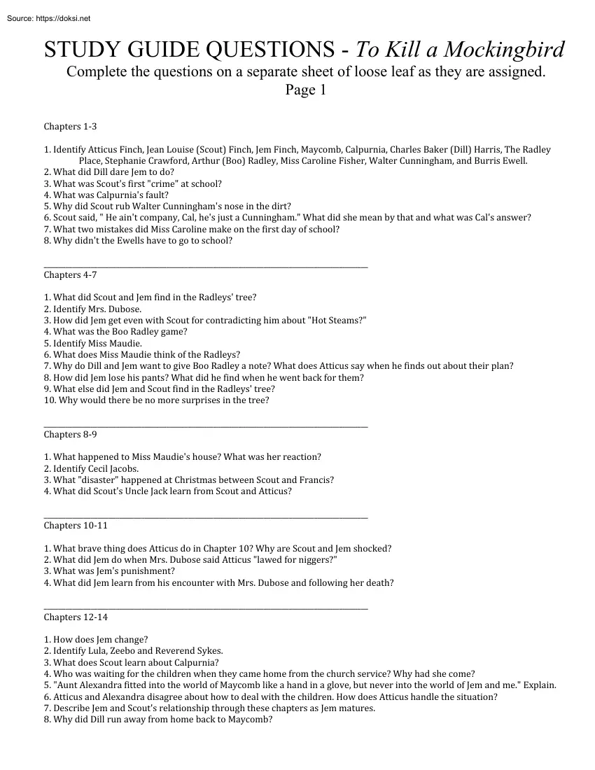 Study Guide Questions, To Kill a Mockingbird