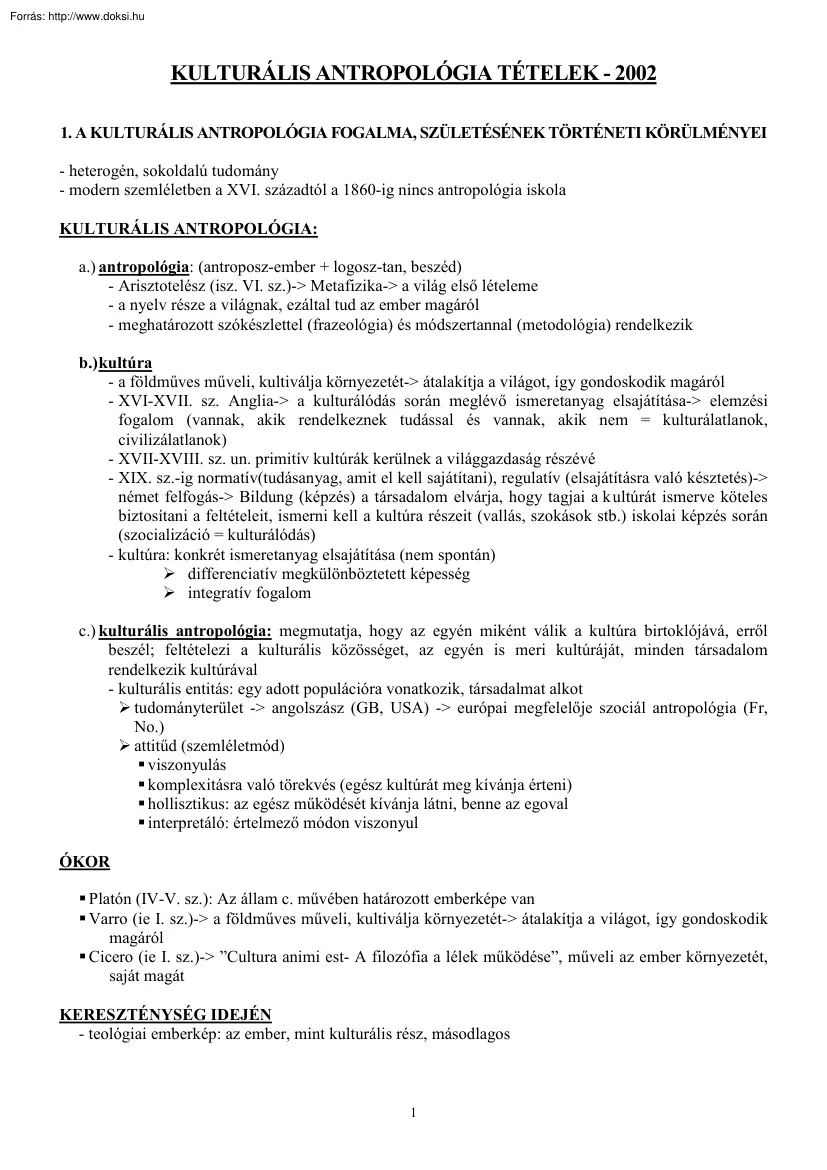 Kulturális antropológia tételek, 2002